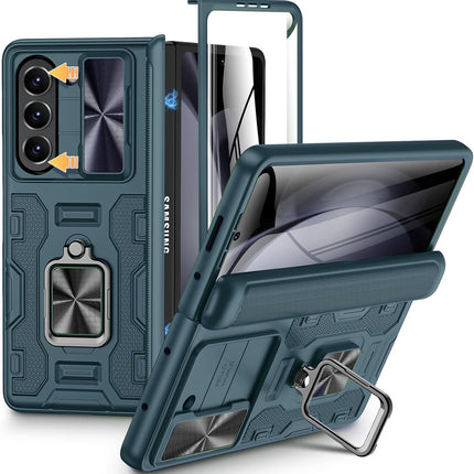 Mobizang Ring Armor Slider Back Cover for Z Fold 6 | with Hinge Protection, Screen Protector, Built-in Kickstand, Slide Camera Cover, Full Body Protective Case for Samsung Fold 6 (GreyGreen)