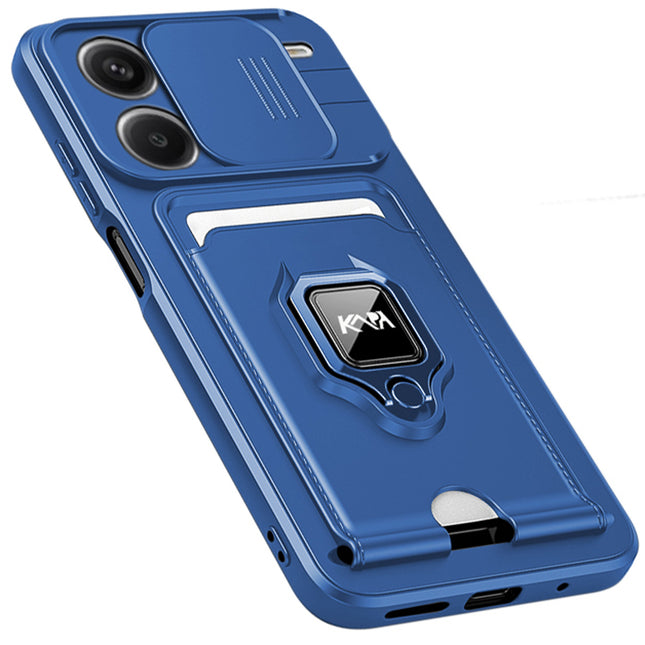 Kapa Bisen Back Cover for Redmi Note 13 Pro Plus (5G) | Inbuilt Camera Slider Ring Stand and Card Pocket Shockproof Slim Bumper Back Case (Blue)