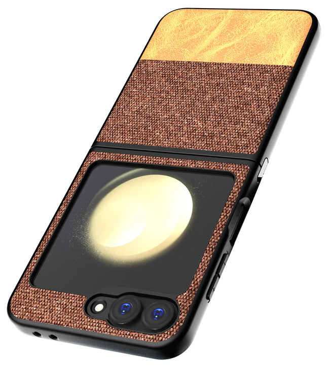 Mobizang Soft Fabric & Leather Hybrid Protective Back Cover for Samsung Galaxy Z Flip 6 | Shockproof Slim Hard Anti Slip Back Case (Brown)