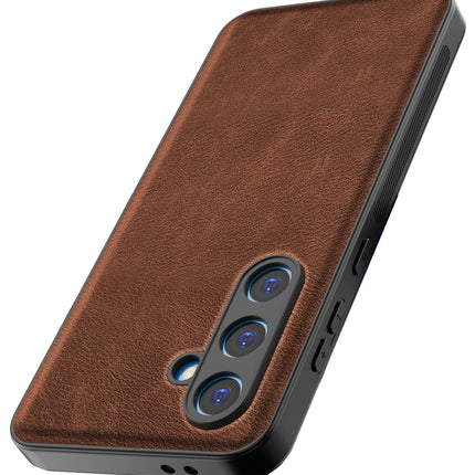 Mobizang Tux Leather Back Cover for Samsung Galaxy S24 FE | Slim Shockproof Camera Protection Bumper Case (Brown)