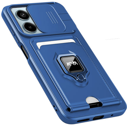 Kapa Bisen Back Cover for Redmi Note 13 Pro (5G) | Inbuilt Camera Slider Ring Stand and Card Pocket Shockproof Slim Bumper Back Case (Blue)