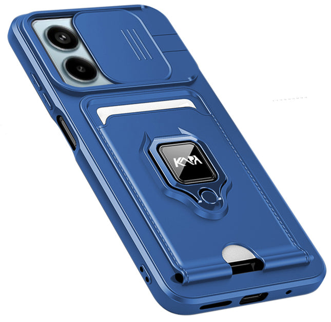 Kapa Bisen Back Cover for Redmi Note 13 Pro (5G) | Inbuilt Camera Slider Ring Stand and Card Pocket Shockproof Slim Bumper Back Case (Blue)