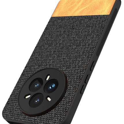 Mobizang Soft Fabric & Leather Hybrid Protective Back Cover for Realme 14 Pro+ (Plus) 5G | Shockproof Slim Hard Anti Slip Back Case (Black,Brown)