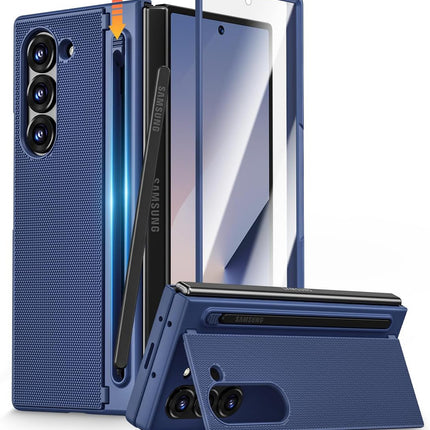 Mobizang Textured Grip S Pen Holder Hinge Protection Back Cover for Samsung Galaxy Z Fold6 / Fold 6 | with Inbuilt Glass , Kickstand & S Pen Slot Case (Blue)