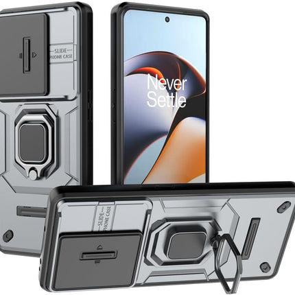 Mobizang Armor Slider Back Cover for OnePlus 11R | Inbuilt Ring + Camera Slider Shockproof Lens Protection Bumper Back Case (Grey)