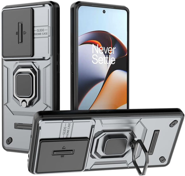 Mobizang Armor Slider Back Cover for OnePlus 11R | Inbuilt Ring + Camera Slider Shockproof Lens Protection Bumper Back Case (Grey)