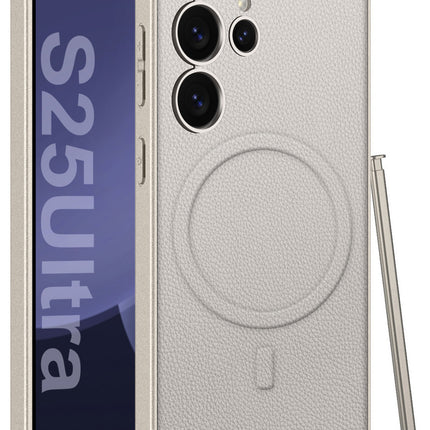 Mobizang Ultra Thin Leather & Magsafe Back Case for Samsung Galaxy S25 Ultra | with Wireless Charging Support Ring Full Body Protection Back Cover (Titanium)