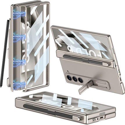 Mobizang Magnetic Hinge Case for Samsung Galaxy Z Fold 6 | Inbuilt S-Pen Holder Stand Hybrid Back Cover (Titanium)