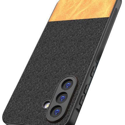 Mobizang Soft Fabric & Leather Hybrid Protective Back Cover for Samsung Galaxy A16 | Shockproof Slim Hard Anti Slip Back Case (Black,Brown)