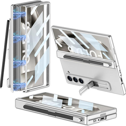 Mobizang Magnetic Hinge Case for Samsung Galaxy Z Fold 6 | Inbuilt S-Pen Holder Stand Hybrid Back Cover (Silver)
