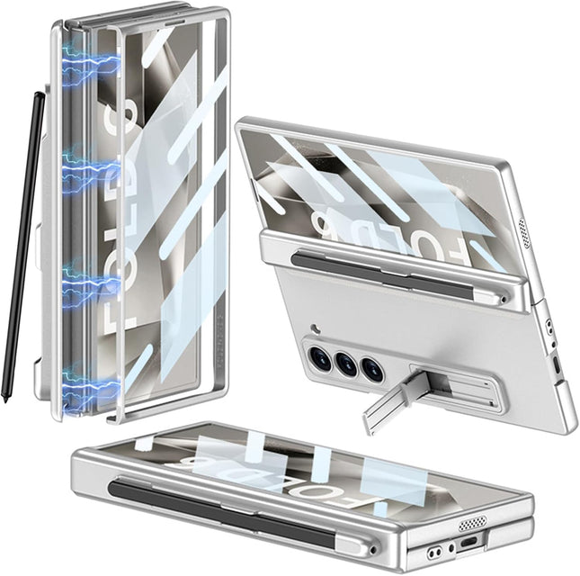 Mobizang Magnetic Hinge Case for Samsung Galaxy Z Fold 6 | Inbuilt S-Pen Holder Stand Hybrid Back Cover (Silver)