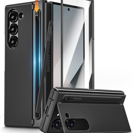 Mobizang Textured Grip S Pen Holder Hinge Protection Back Cover for Samsung Galaxy Z Fold6 / Fold 6 | with Inbuilt Glass , Kickstand & S Pen Slot Case (Black)