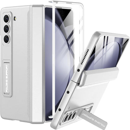 Mobizang Magnetic Hinge With Inbuilt Stand Case for Samsung Galaxy Z Fold 5 | Shockproof Stand Hybrid Bumper Back Cover (Silver)