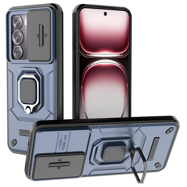 Mobizang Armor Slider Back Cover for Oppo Reno 12 Pro (5G) | Inbuilt Ring + Camera Slider Shockproof Lens Protection Bumper Back Case (Blue)