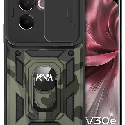 Mobizang Tank Back Cover for Vivo V30E (5G) | Inbuilt Ring + Slider Shockproof Lens Protection Bumper Back Case (Black)