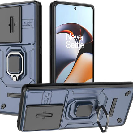 Mobizang Armor Slider Back Cover for OnePlus 11R | Inbuilt Ring + Camera Slider Shockproof Lens Protection Bumper Back Case (Blue)