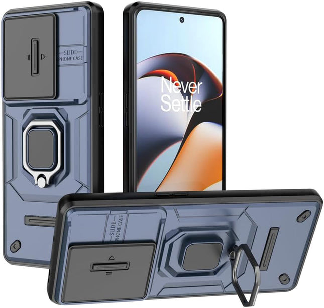 Mobizang Armor Slider Back Cover for OnePlus 11R | Inbuilt Ring + Camera Slider Shockproof Lens Protection Bumper Back Case (Blue)