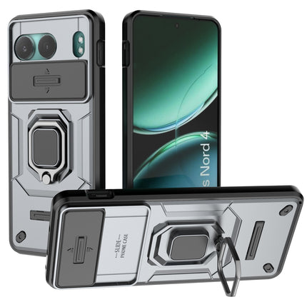 Mobizang Armor Slider Back Cover for OnePlus Nord 4 | Inbuilt Ring + Camera Slider Shockproof Lens Protection Bumper Back Case (Grey)