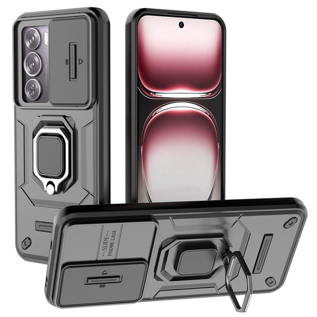 Mobizang Armor Slider Back Cover for Oppo Reno 12 Pro (5G) | Inbuilt Ring + Camera Slider Shockproof Lens Protection Bumper Back Case (Black)