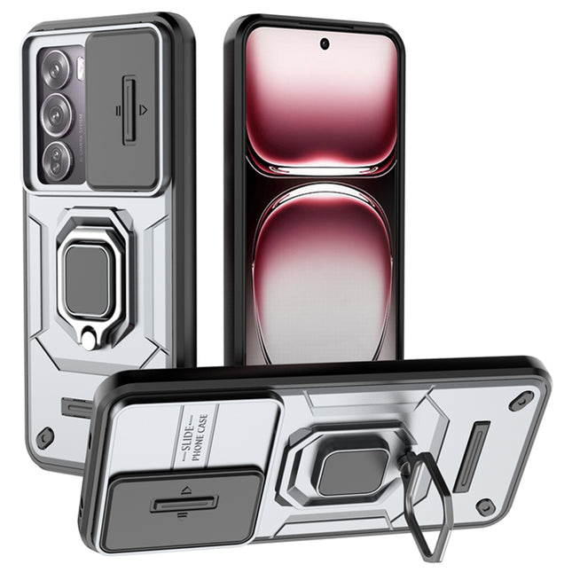Mobizang Armor Slider Back Cover for Oppo Reno 12 Pro (5G) | Inbuilt Ring + Camera Slider Shockproof Lens Protection Bumper Back Case (Grey)
