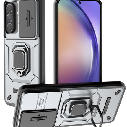 Mobizang Armor Slider Back Cover for Samsung Galaxy A56 | Inbuilt Ring + Camera Slider Shockproof Lens Protection Bumper Back Case (Grey)