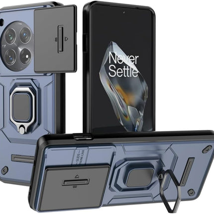 Mobizang Armor Slider Back Cover for OnePlus 12R | Inbuilt Ring + Camera Slider Shockproof Lens Protection Bumper Back Case (Blue)