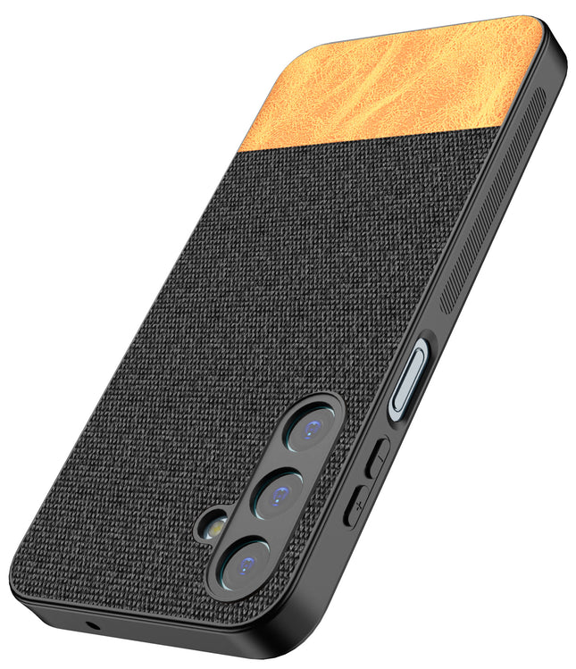 Mobizang Soft Fabric & Leather Hybrid Protective Back Cover for Samsung Galaxy M35 (5G) | Shockproof Slim Hard Anti Slip Back Case (Black,Brown)