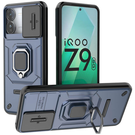 Mobizang Armor Slider Back Cover for Iqoo Z9 | Inbuilt Ring + Camera Slider Shockproof Lens Protection Bumper Back Case (Blue)