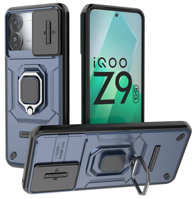 Mobizang Armor Slider Back Cover for Iqoo Z9 | Inbuilt Ring + Camera Slider Shockproof Lens Protection Bumper Back Case (Blue)