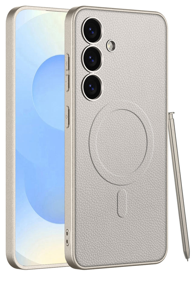 Mobizang Ultra Thin Leather & Magsafe Back Case for Samsung Galaxy S25 | with Wireless Charging Support Ring Full Body Protection Back Cover (Titanium)