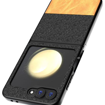 Mobizang Soft Fabric & Leather Hybrid Protective Back Cover for Samsung Galaxy Z Flip 6 | Shockproof Slim Hard Anti Slip Back Case (Black,Brown)