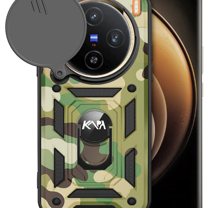 Kapa Tank Back Cover for Vivo X100 Pro (5G) | Inbuilt Ring + Slider Shockproof Lens Protection Bumper Back Case (Green)