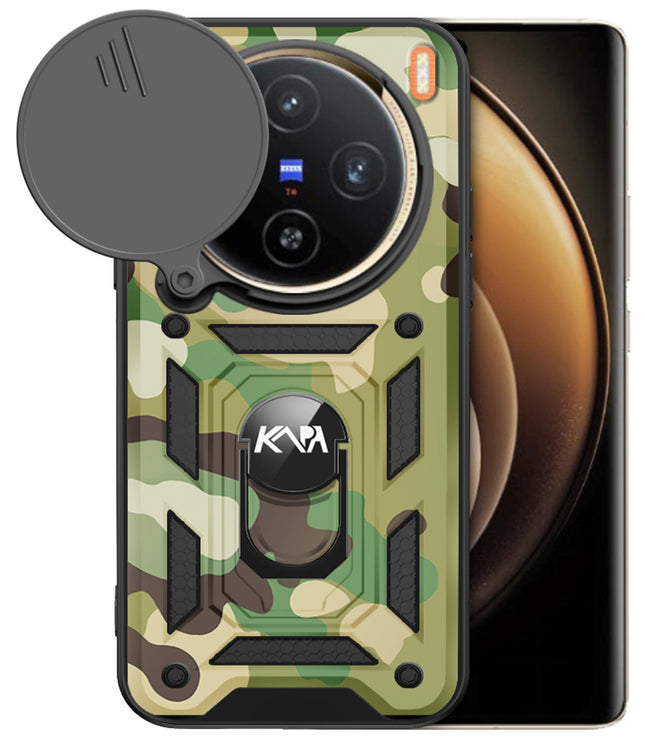 Kapa Tank Back Cover for Vivo X100 Pro (5G) | Inbuilt Ring + Slider Shockproof Lens Protection Bumper Back Case (Green)