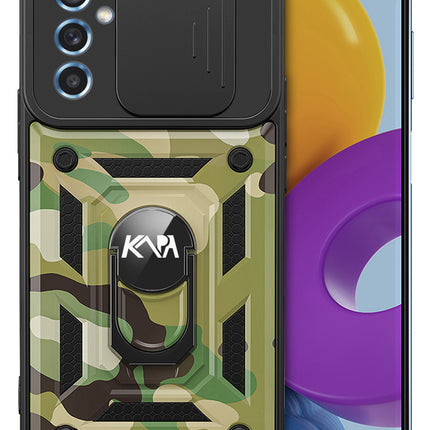 Mobizang Tank Back Cover for Samsung Galaxy M55 / F55 | Inbuilt Ring + Slider Shockproof Lens Protection Bumper Back Case (Green)