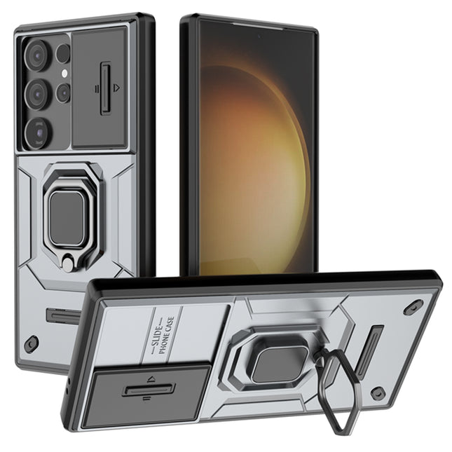 Mobizang Armor Slider Back Cover for Samsung Galaxy S24 Ultra | Inbuilt Ring + Camera Slider Shockproof Lens Protection Bumper Back Case (Grey)