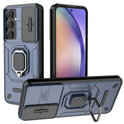 Mobizang Armor Slider Back Cover for Samsung Galaxy A55 (5G) | Inbuilt Ring + Camera Slider Shockproof Lens Protection Bumper Back Case (Blue)