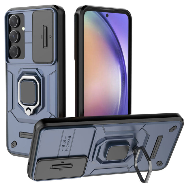 Mobizang Armor Slider Back Cover for Samsung Galaxy A55 (5G) | Inbuilt Ring + Camera Slider Shockproof Lens Protection Bumper Back Case (Blue)