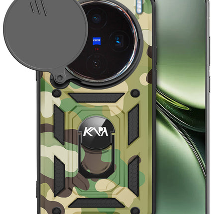 Mobizang Tank Back Cover for Vivo X200 (5G) | Inbuilt Ring + Slider Shockproof Lens Protection Bumper Back Case (Green)