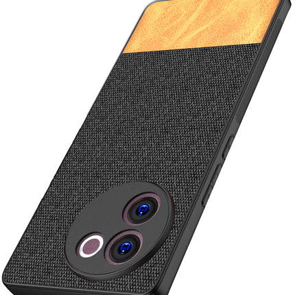 Mobizang Soft Fabric & Leather Hybrid Protective Back Cover for Vivo V30E (5G) | Shockproof Slim Hard Anti Slip Back Case (Black,Brown)