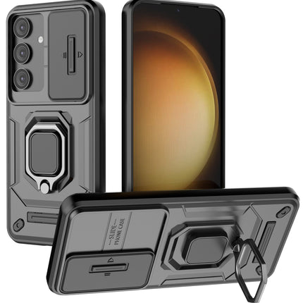 Mobizang Armor Slider Back Cover for Samsung Galaxy S25 PLUS | Inbuilt Ring + Camera Slider Shockproof Lens Protection Bumper Back Case (Black)