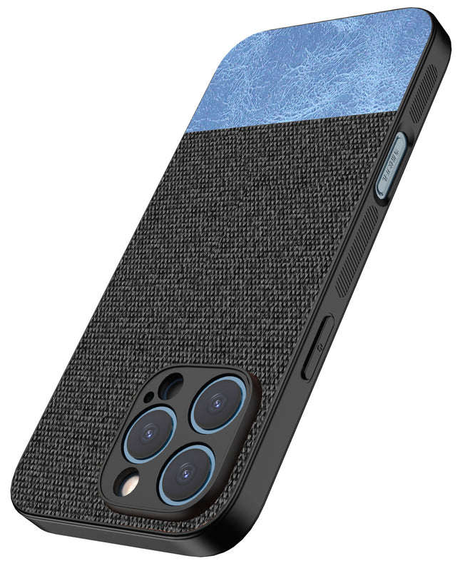 Mobizang Soft Fabric & Leather Hybrid Protective Back Cover for Apple iPhone 16 Pro | Shockproof Slim Hard Anti Slip Back Case (Black,Blue)