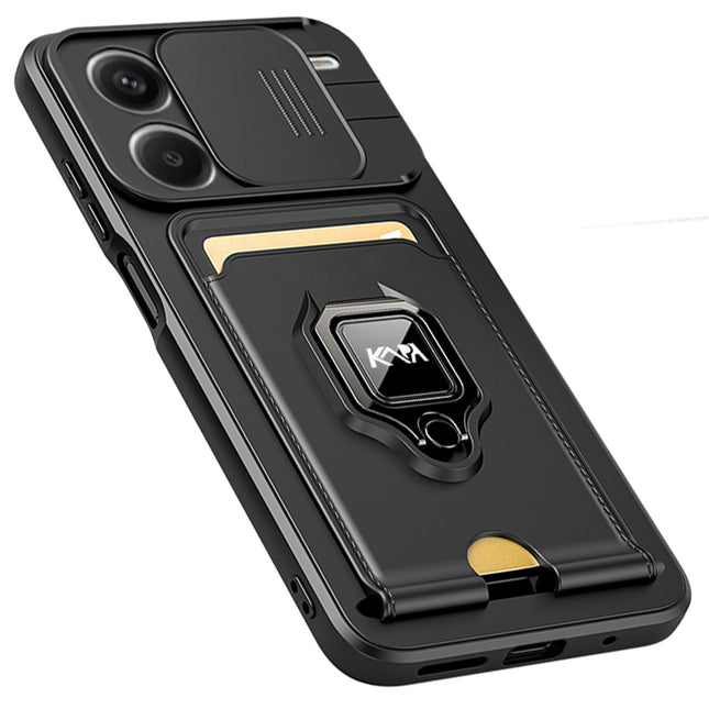 Kapa Bisen Back Cover for Redmi Note 13 Pro Plus (5G) | Inbuilt Camera Slider Ring Stand and Card Pocket Shockproof Slim Bumper Back Case (Black)