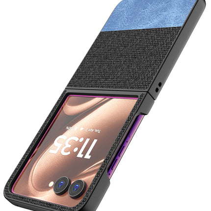 Mobizang Soft Fabric & Leather Hybrid Protective Back Cover for Motorola Razr 50 Ultra | Shockproof Slim Hard Anti Slip Back Case (Black,Blue)
