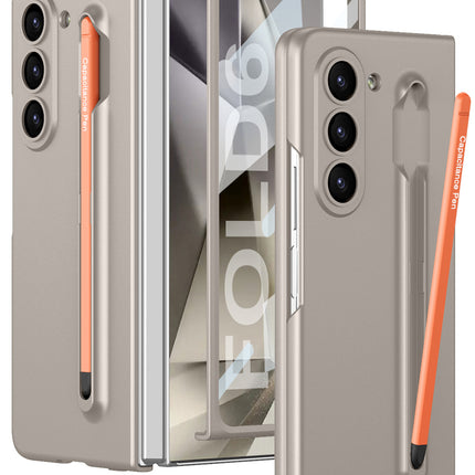 Mobizang Contrast Ulta Thin PC Case for Samsung Galaxy Z Fold 6 | Inbuilt S-Pen Holder Stand Hybrid Back Cover (Titanium with Orange Pen)