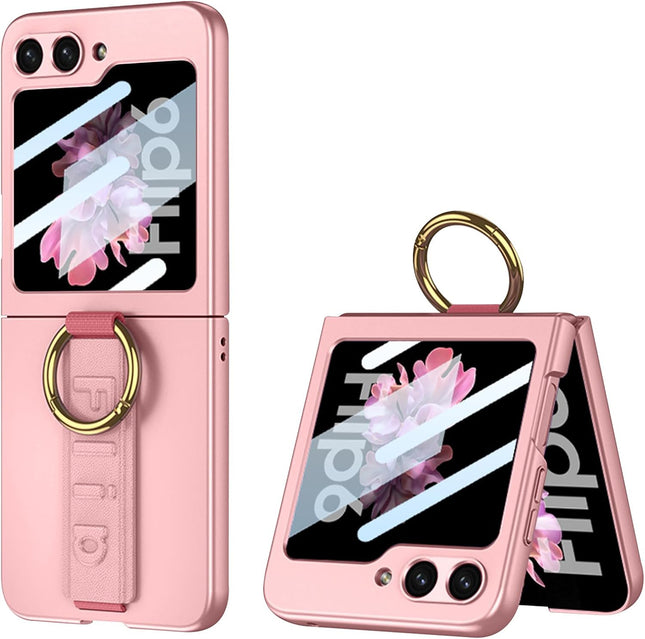 Mobizang Shockproof Band Protective Back Cover for Flip6 / Z Flip 6 | Wrist Strap Ring Kickstand Inbuilt Screen Tempered Glass Case (Pink)