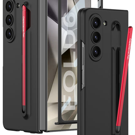 Mobizang Contrast Ulta Thin PC Case for Samsung Galaxy Z Fold 6 | Inbuilt S-Pen Holder Stand Hybrid Back Cover (Black with Red Pen)
