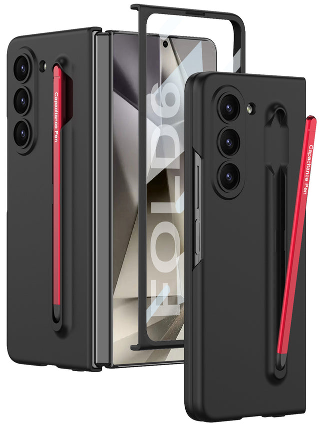 Mobizang Contrast Ulta Thin PC Case for Samsung Galaxy Z Fold 6 | Inbuilt S-Pen Holder Stand Hybrid Back Cover (Black with Red Pen)