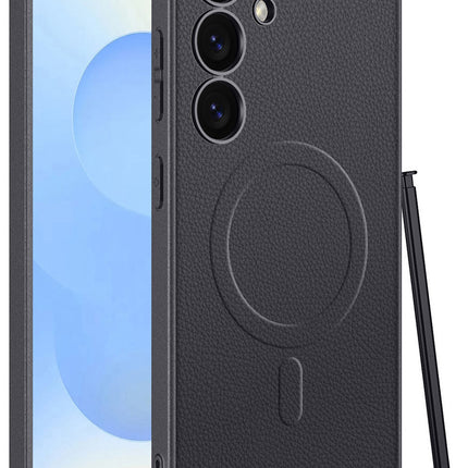Mobizang Ultra Thin Leather & Magsafe Back Case for Samsung Galaxy S25 Plus | with Wireless Charging Support Ring Full Body Protection Back Cover (Black)
