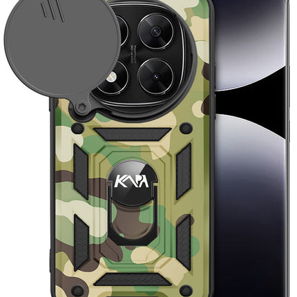 Mobizang Tank Back Cover for Redmi Note 14 Pro | Inbuilt Ring + Slider Shockproof Lens Protection Bumper Back Case (Green)