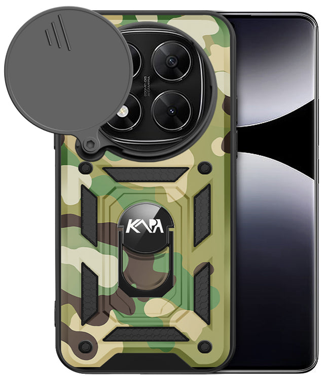 Mobizang Tank Back Cover for Redmi Note 14 Pro | Inbuilt Ring + Slider Shockproof Lens Protection Bumper Back Case (Green)